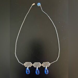 Silver Filigree Necklace with Three Blue Teardrop Stones